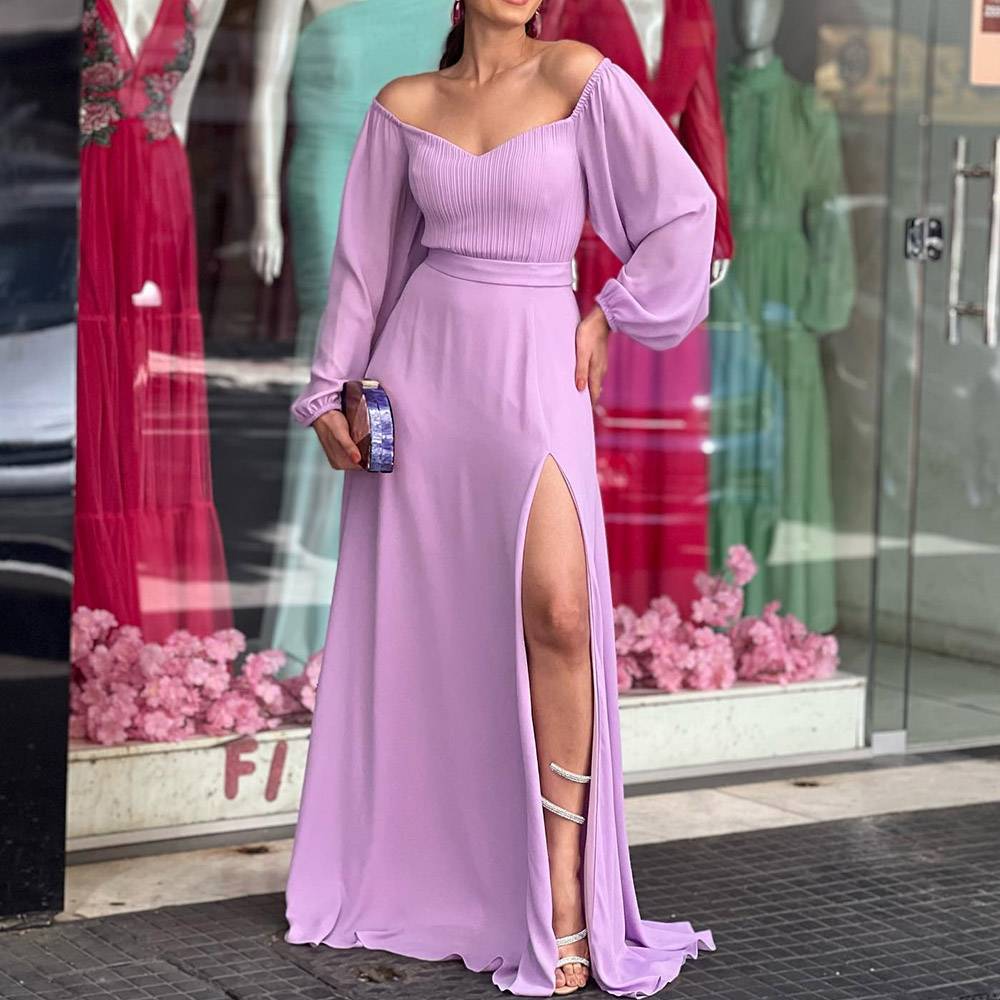 Long Sleeves A-Line Floor-Length Pleats Celebrity Dress