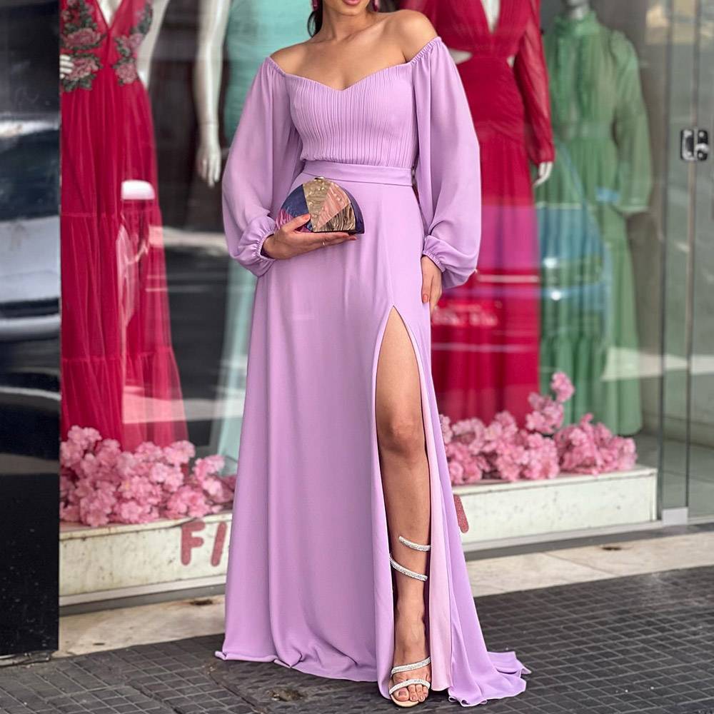 Long Sleeves A-Line Floor-Length Pleats Celebrity Dress