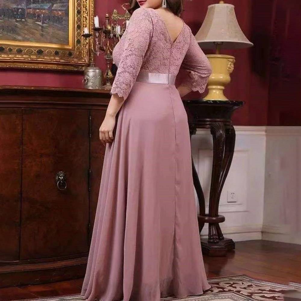 3/4 Length Sleeves A-Line Lace Floor-Length Evening Dress