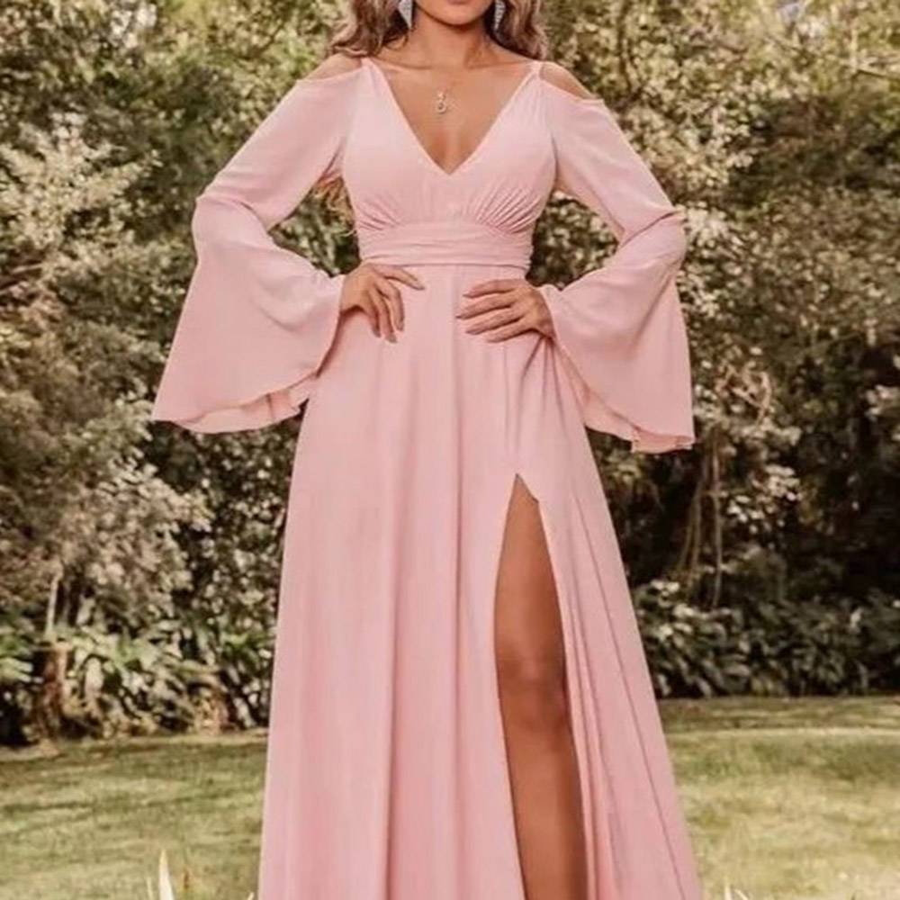 A-Line Long Sleeves Floor-Length Split-Front Formal Dress