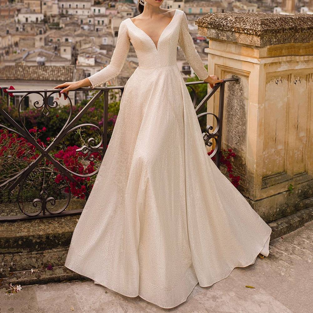V-Neck A-Line Floor-Length Garden/Outdoor Wedding Dress