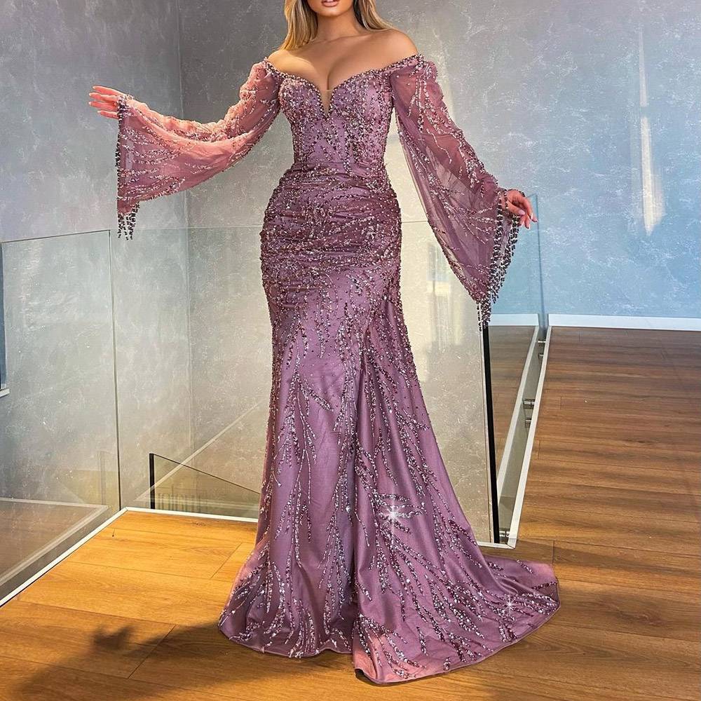 Long Sleeves Sheath/Column Lace Floor-Length Formal Dress
