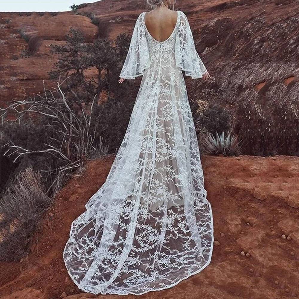 Long Sleeves Floor-Length Lace V-Neck Church Wedding Dress