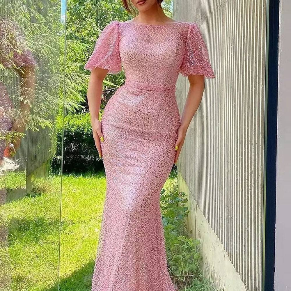 Trumpet/Mermaid Short Sleeves Sequins Floor-Length Formal Dress