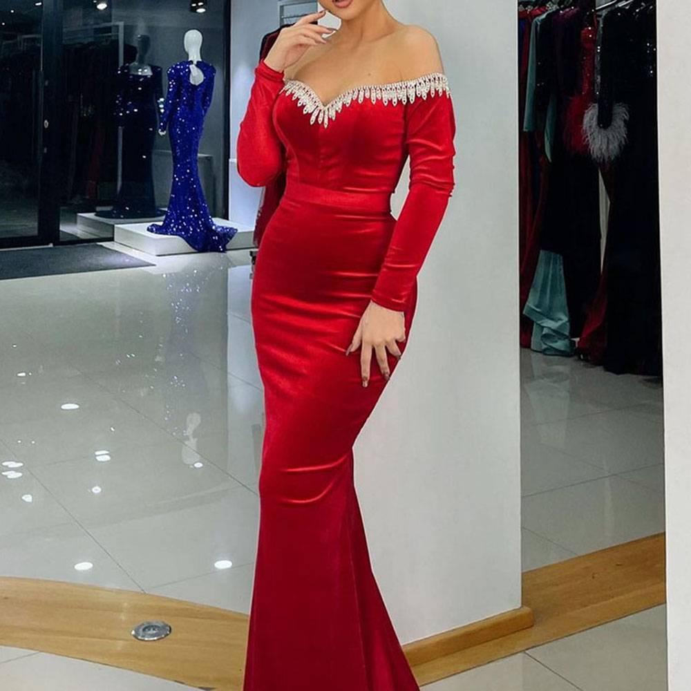 Floor-Length Trumpet/Mermaid Off-The-Shoulder Long Sleeves Celebrity Dress