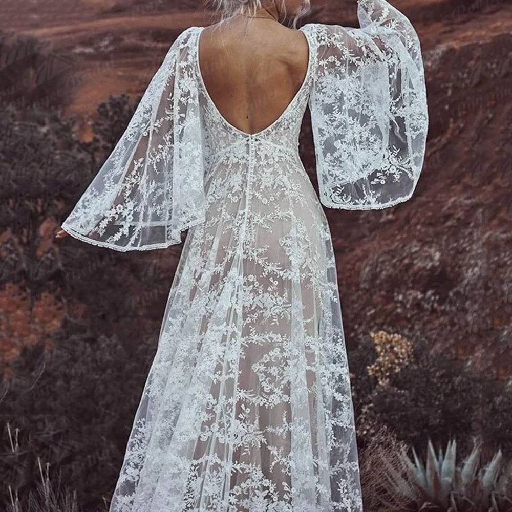 Long Sleeves Floor-Length Lace V-Neck Church Wedding Dress