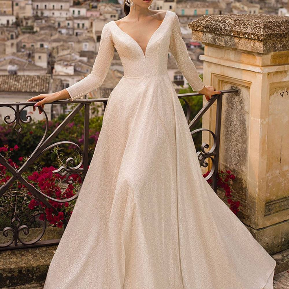 V-Neck A-Line Floor-Length Garden/Outdoor Wedding Dress