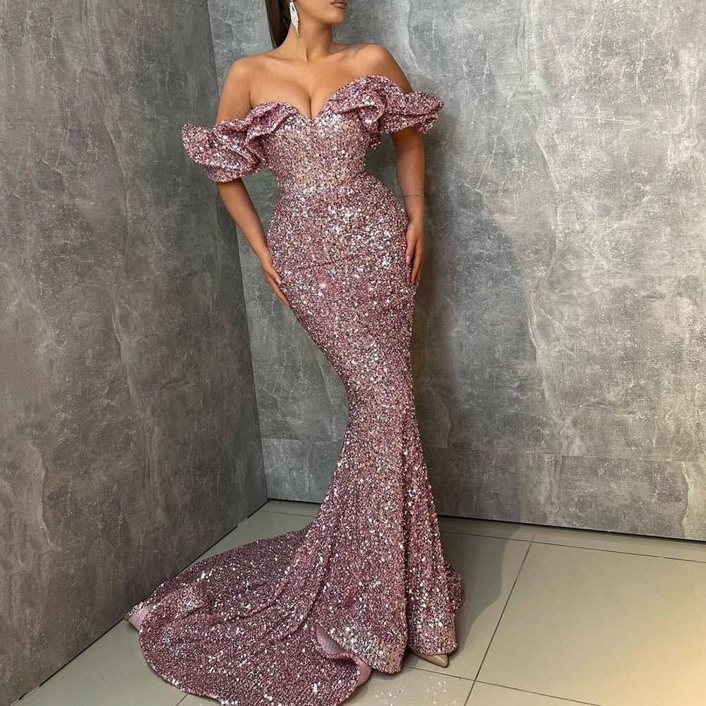 Sequins Trumpet/Mermaid Off-The-Shoulder Floor-Length Celebrity Dress