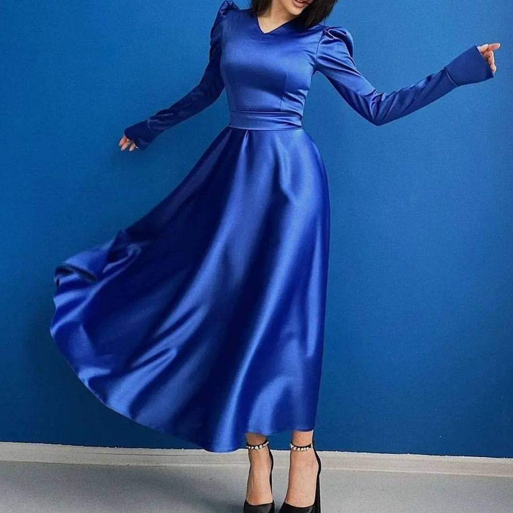 Ankle-Length Long Sleeves A-Line V-Neck Celebrity Dress