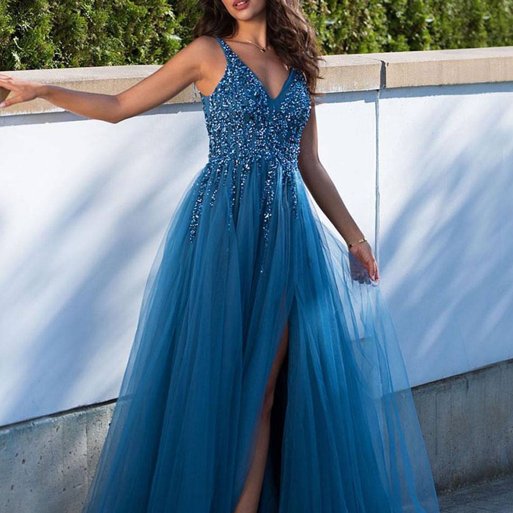 Floor-Length V-Neck A-Line Sleeveless Formal Dress