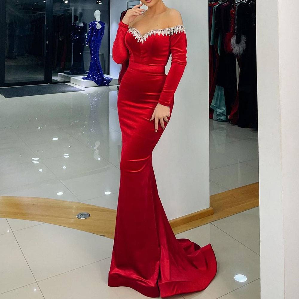 Floor-Length Trumpet/Mermaid Off-The-Shoulder Long Sleeves Celebrity Dress