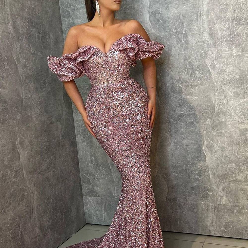 Sequins Trumpet/Mermaid Off-The-Shoulder Floor-Length Celebrity Dress