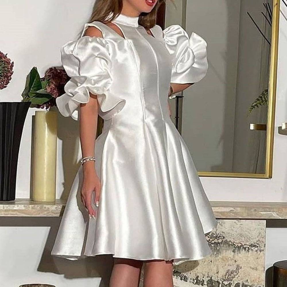 Knee-Length Ruffles High Neck Half Sleeves Cocktail Dress
