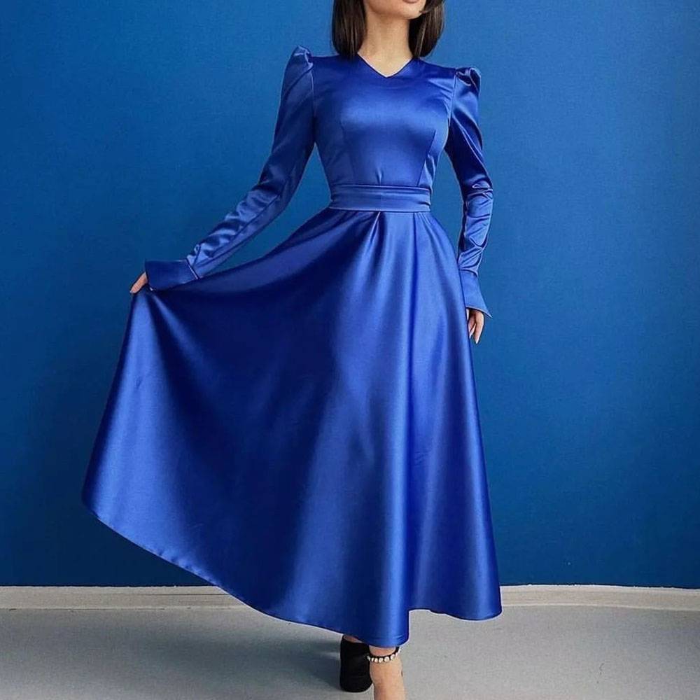 Ankle-Length Long Sleeves A-Line V-Neck Celebrity Dress