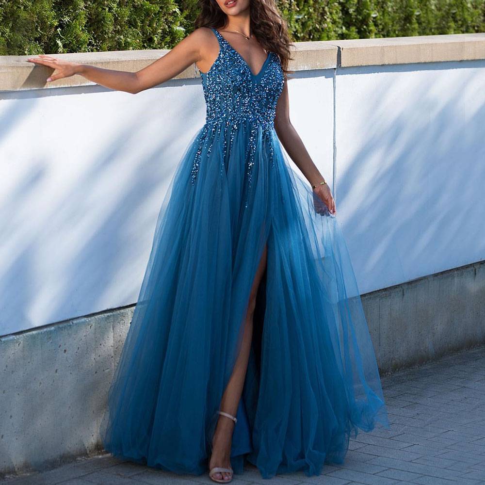 Floor-Length V-Neck A-Line Sleeveless Formal Dress