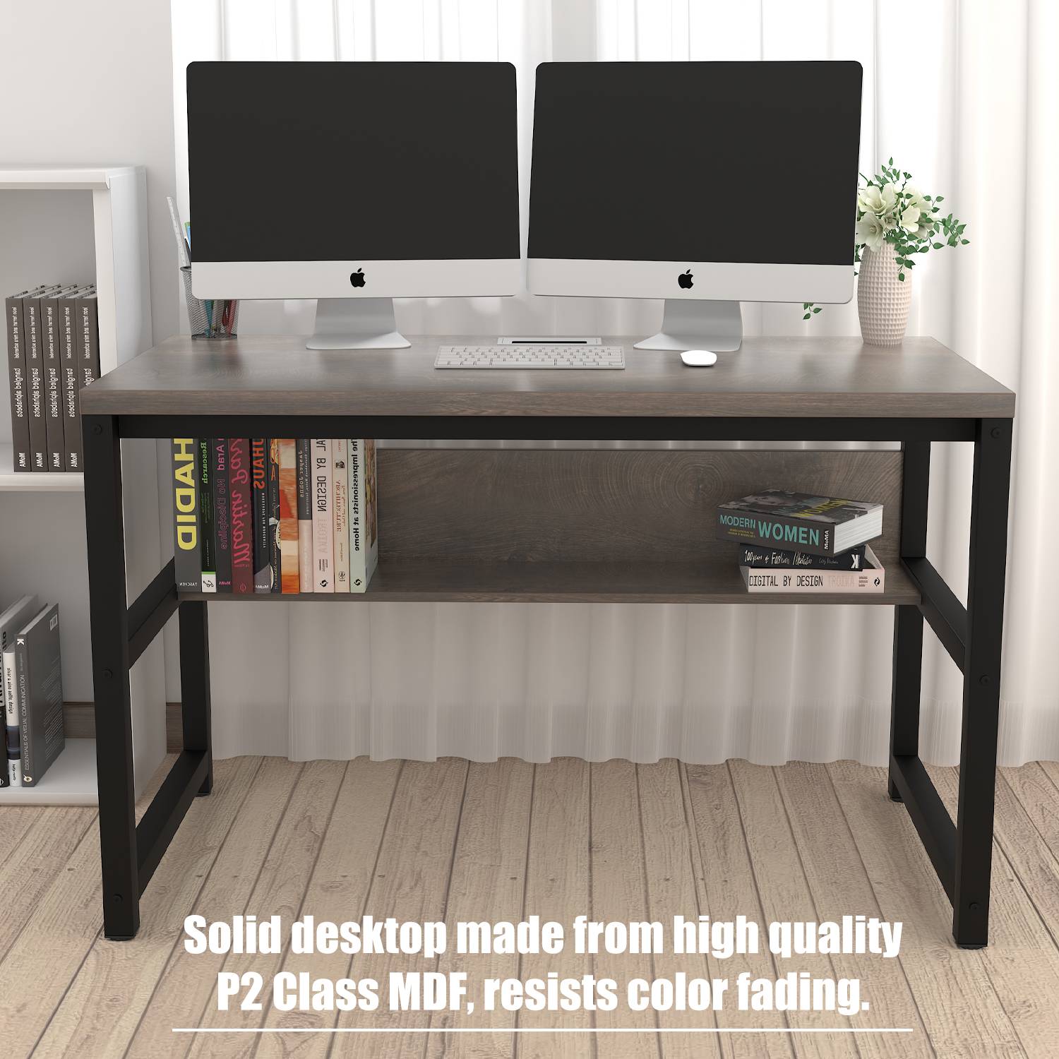 TOPSKY 47" Computer Desk with Bookshelf/Metal Hole Cable Cover 1.18" Thick Desk CT-8025A