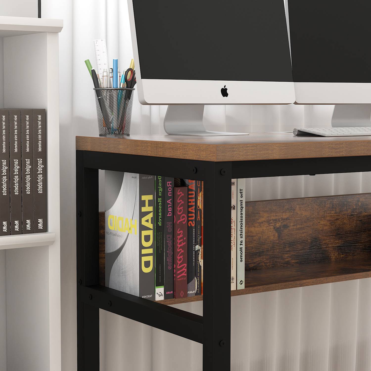 TOPSKY 47" Computer Desk with Bookshelf/Metal Hole Cable Cover 1.18" Thick Desk CT-8025A