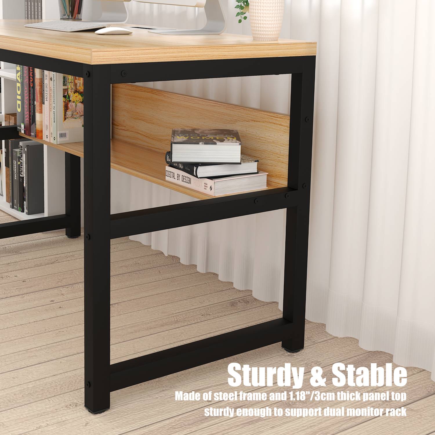 TOPSKY 47" Computer Desk with Bookshelf/Metal Hole Cable Cover 1.18" Thick Desk CT-8025A