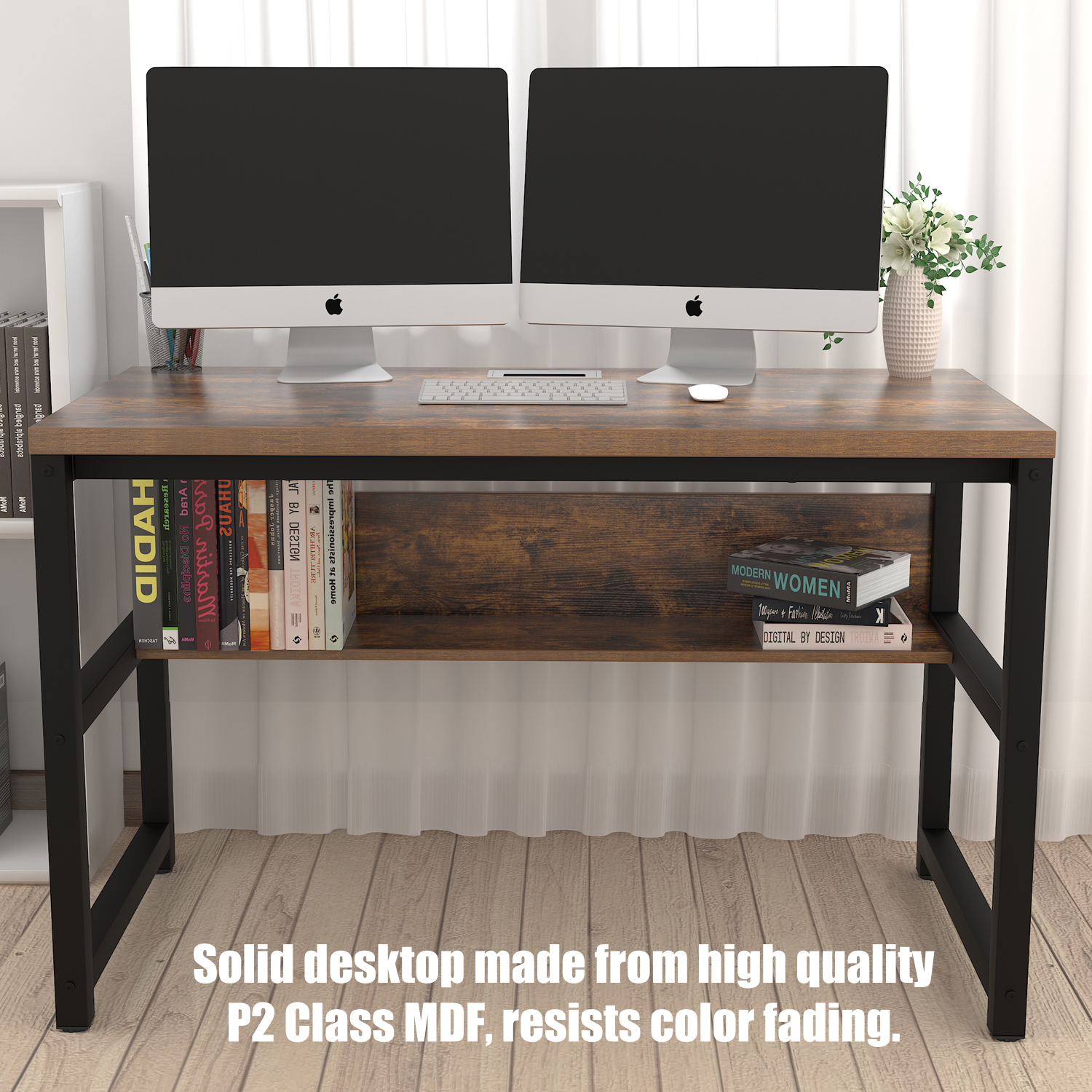 TOPSKY 47" Computer Desk with Bookshelf/Metal Hole Cable Cover 1.18" Thick Desk CT-8025A