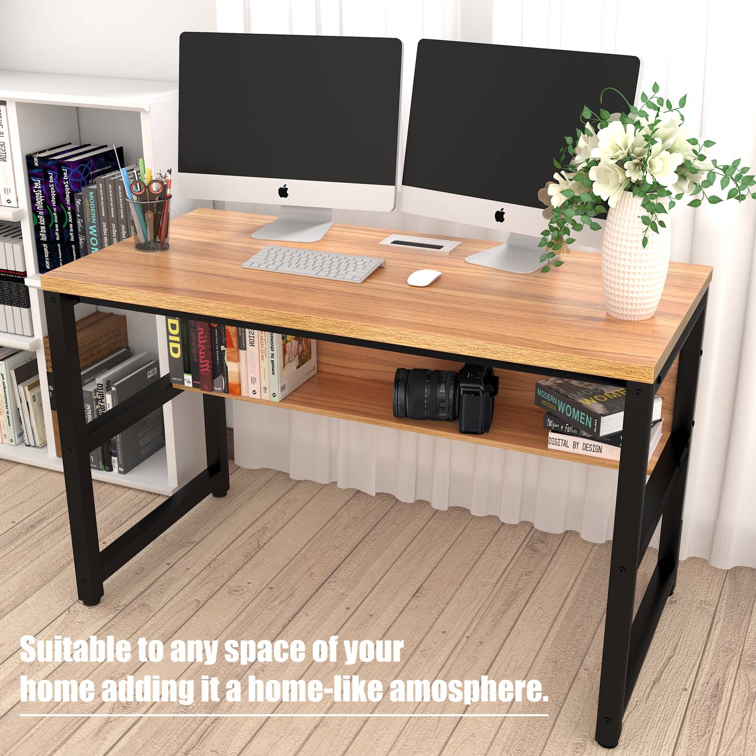 TOPSKY 47" Computer Desk with Bookshelf/Metal Hole Cable Cover 1.18" Thick Desk CT-8025A