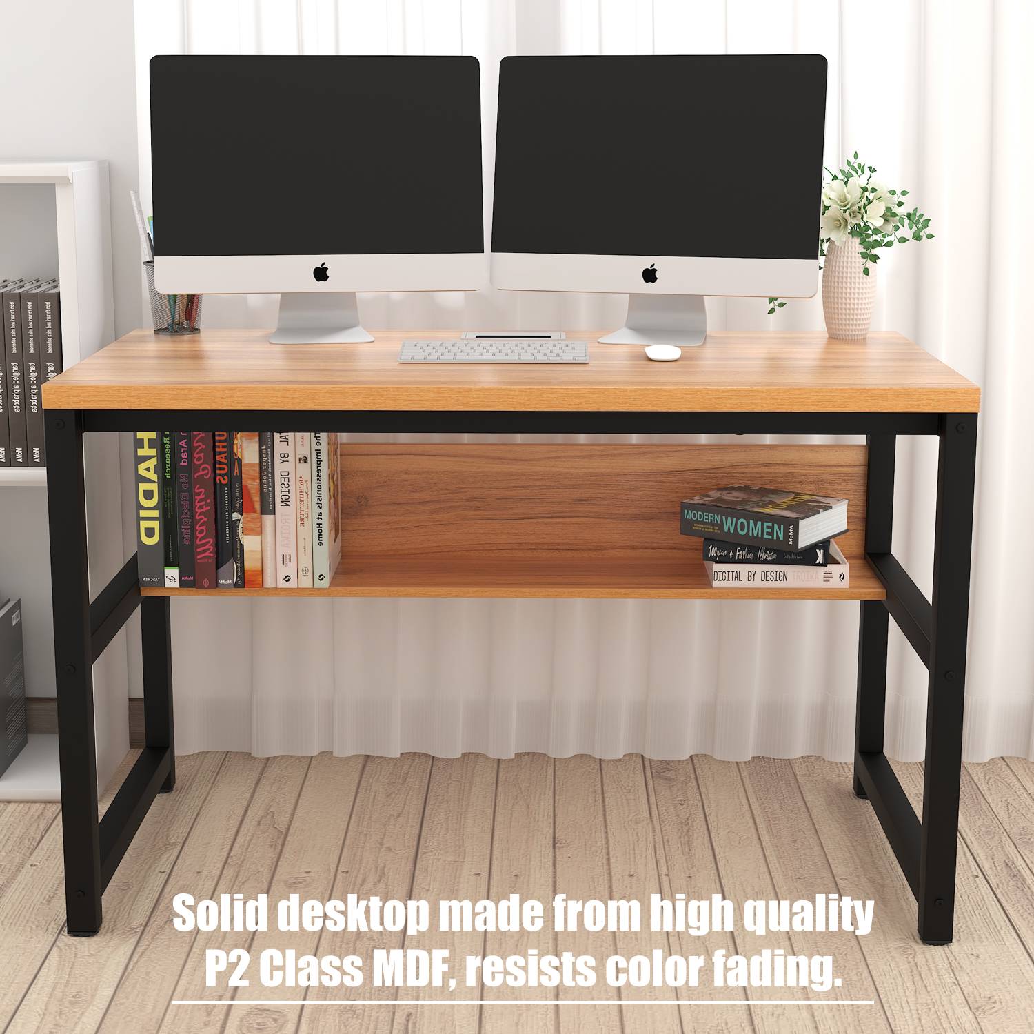 TOPSKY 47" Computer Desk with Bookshelf/Metal Hole Cable Cover 1.18" Thick Desk CT-8025A