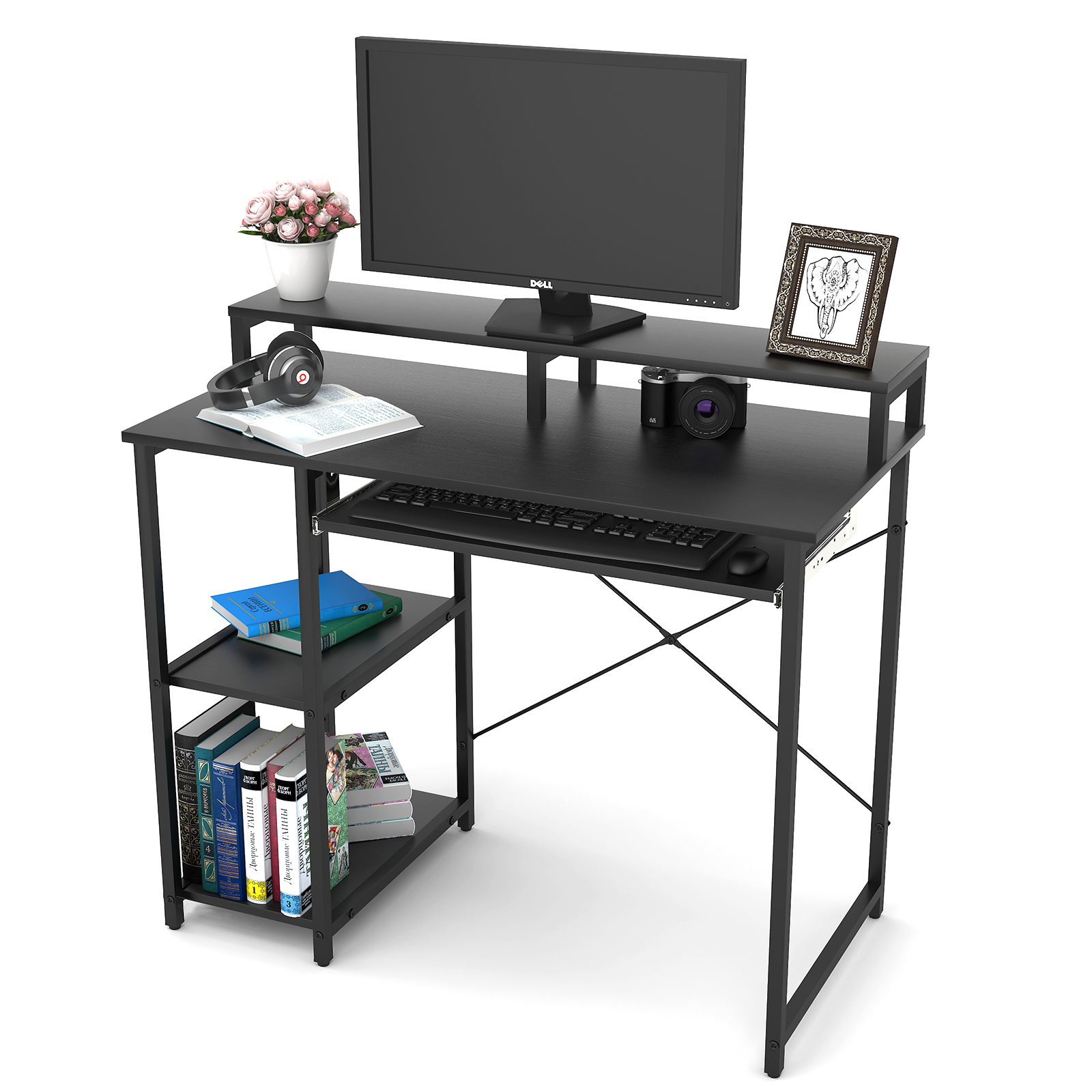 TOPSKY 38.6" Compact Computer Desk with Storage Shelves/24.5” Keyboard Tray/Monitor Stand Study Table for Home Office S-205A