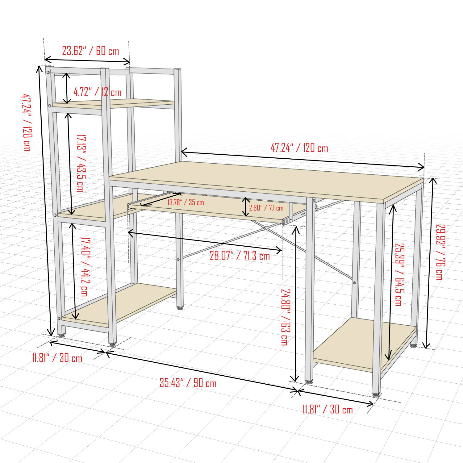 TOPSKY Computer Desk 59”Large Desktop Surface with Additional 3-Tier Bookshelves, 1-Tier Storage Shelf and Keyboard Tray for Office