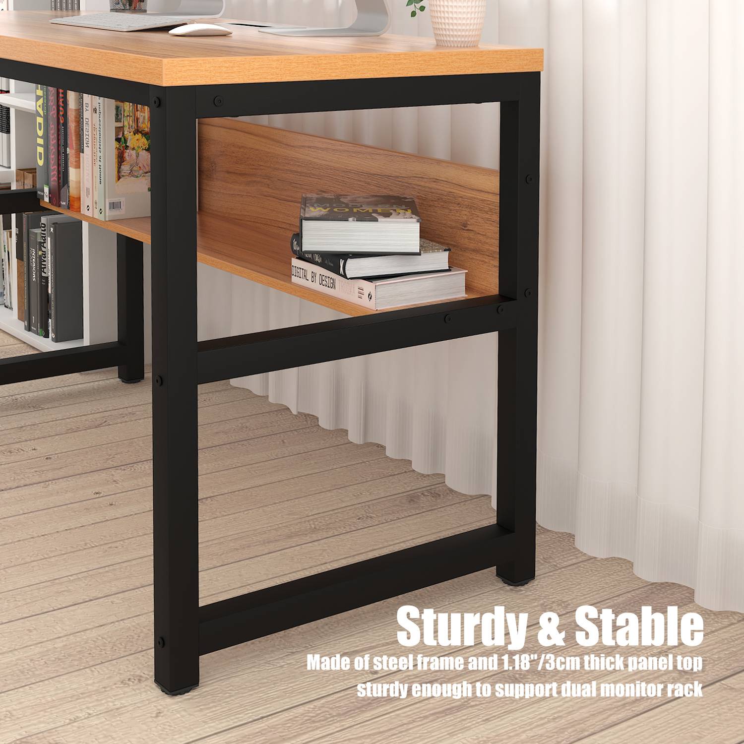 TOPSKY 47" Computer Desk with Bookshelf/Metal Hole Cable Cover 1.18" Thick Desk CT-8025A