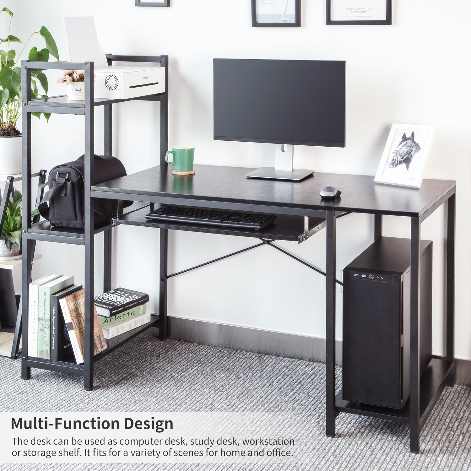TOPSKY Computer Desk 59”Large Desktop Surface with Additional 3-Tier Bookshelves, 1-Tier Storage Shelf and Keyboard Tray for Office