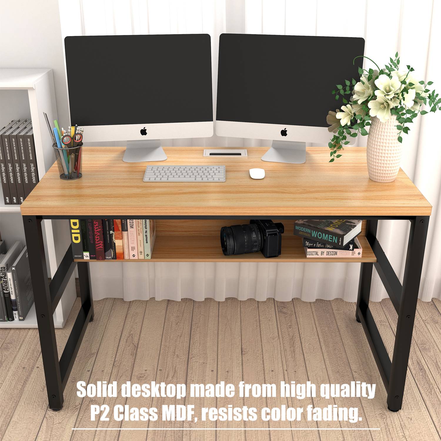 TOPSKY 47" Computer Desk with Bookshelf/Metal Hole Cable Cover 1.18" Thick Desk CT-8025A