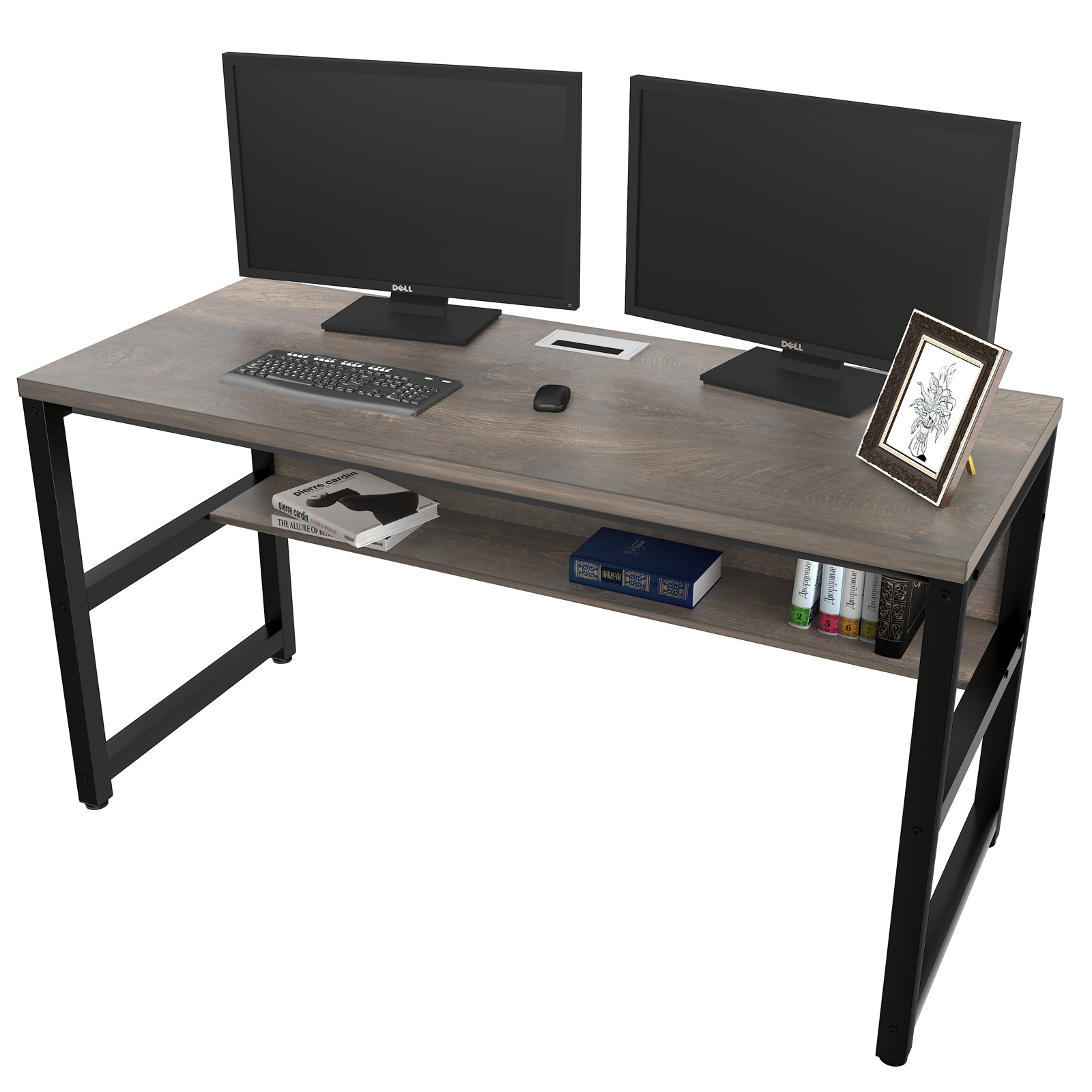 TOPSKY 55" Computer Desk with Bookshelf/Metal Hole Cable Cover 1.18" Thick Desk CT-8025