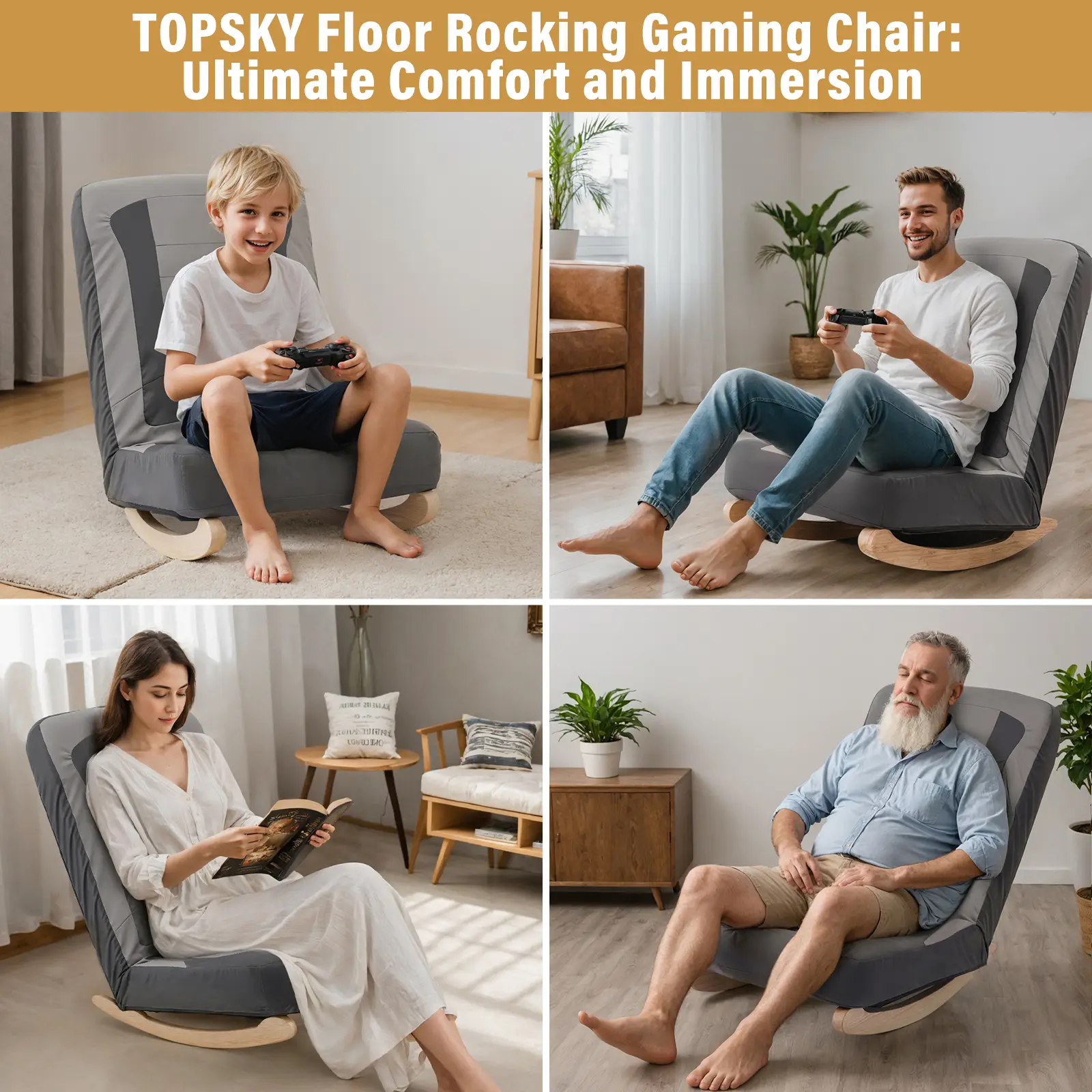 TOPSKY Floor Rocking Gaming Chair, Reclining Padded Backrest Chair with 5 Adjustable Positions and Solid Wood Base for Gaming and Relaxing XY-CR-791N