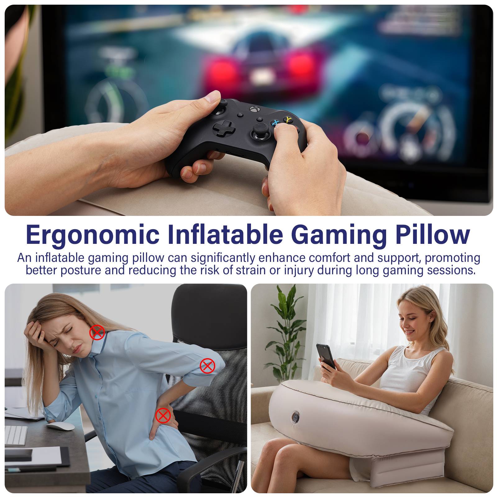 TOPSKY Gaming Pillow for Laps, Inflatable Soft Lap Desk Pillow for Adults and Kids for Reading, Working and Gaming Sitting on Bed or Couch