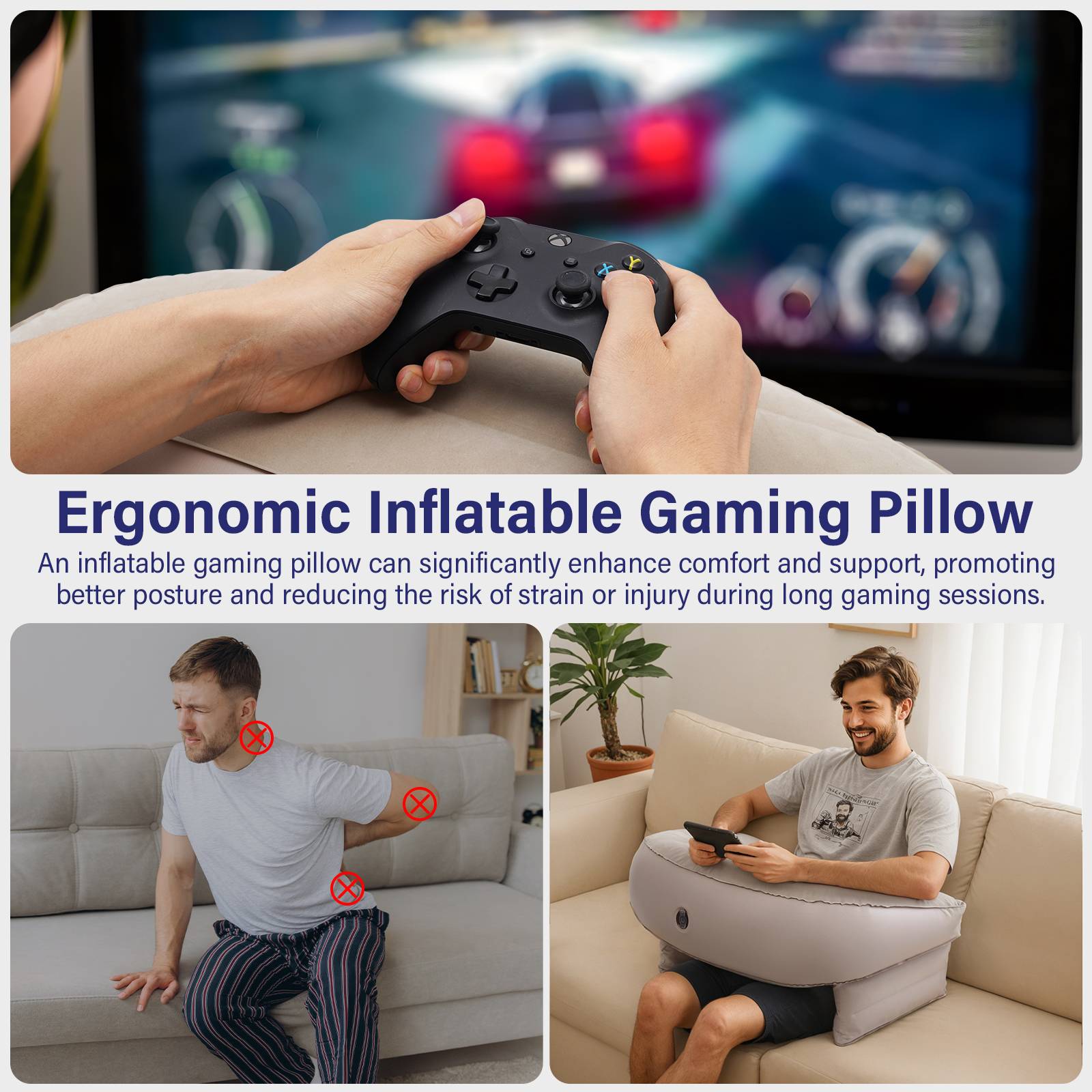 TOPSKY Gaming Pillow for Laps, Inflatable Soft Lap Desk Pillow for Adults and Kids for Reading, Working and Gaming Sitting on Bed or Couch