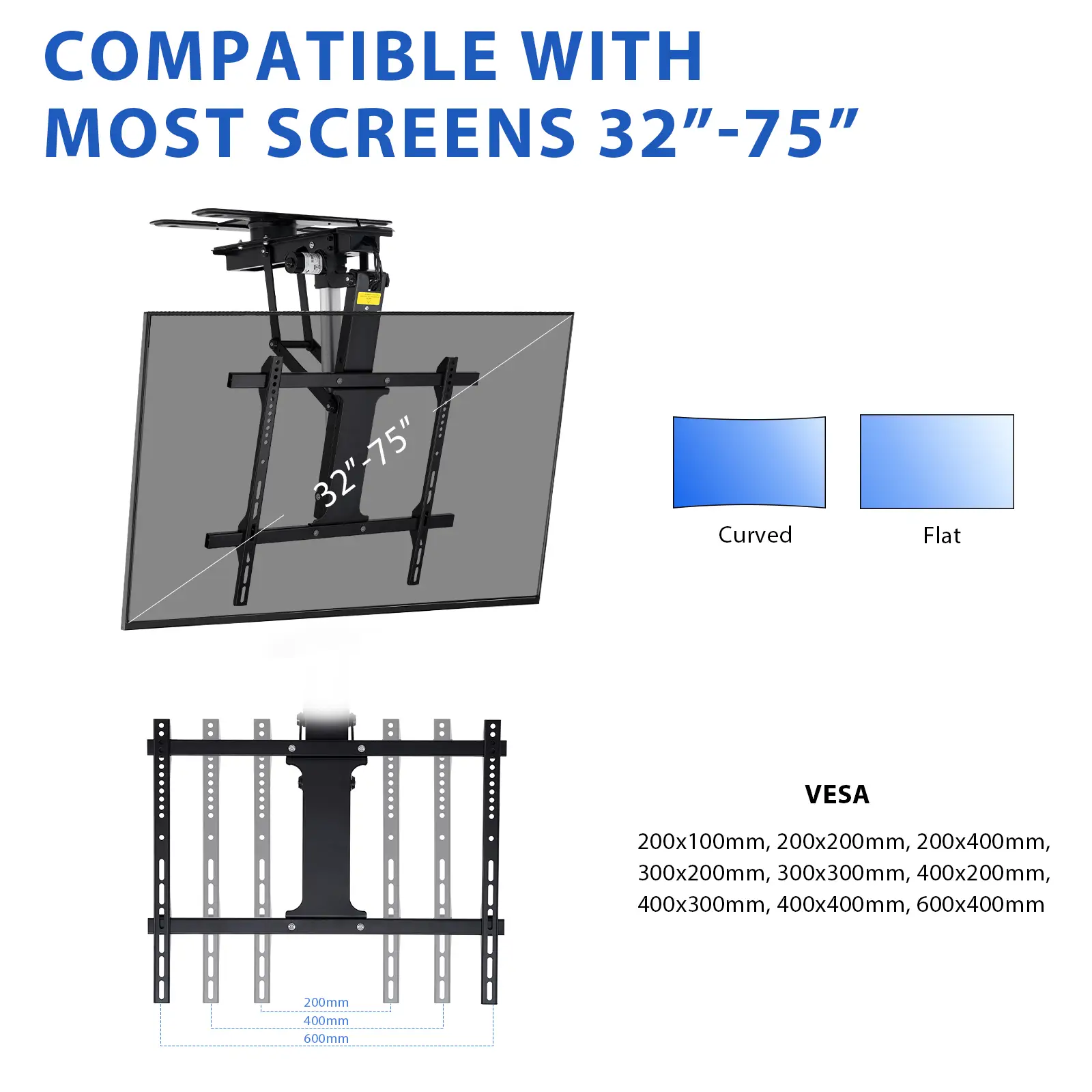 TOPSKY Electric Adjustable Flip Down Swiveling TV Mount with Remote and App Controller, Large Motorized Ceiling TV Mount for 32 to 75 Inch Flat and Curved Screen TVs