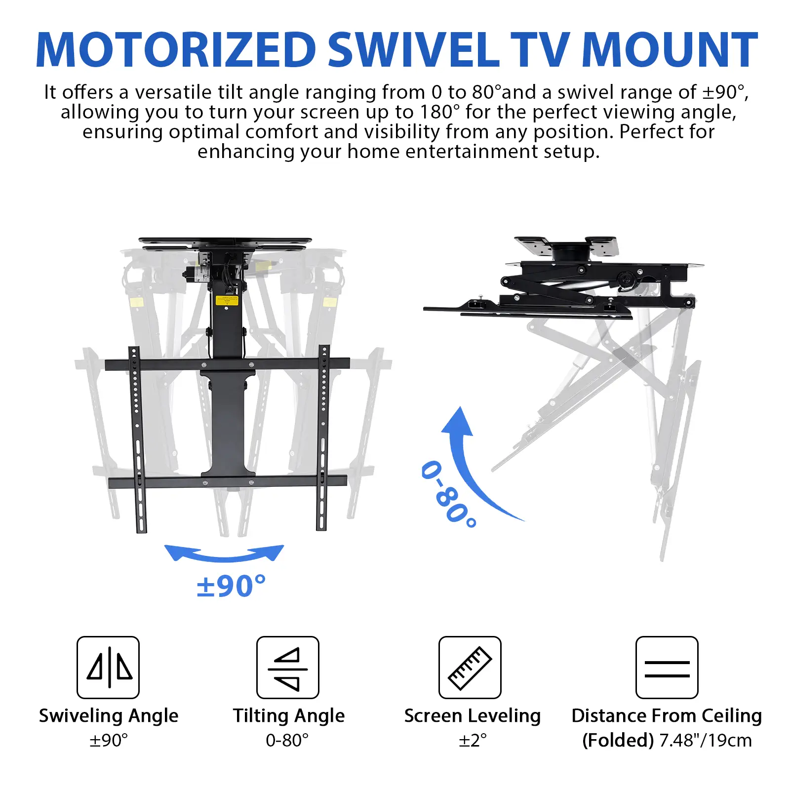 TOPSKY Electric Adjustable Flip Down Swiveling TV Mount with Remote and App Controller, Large Motorized Ceiling TV Mount for 32 to 75 Inch Flat and Curved Screen TVs