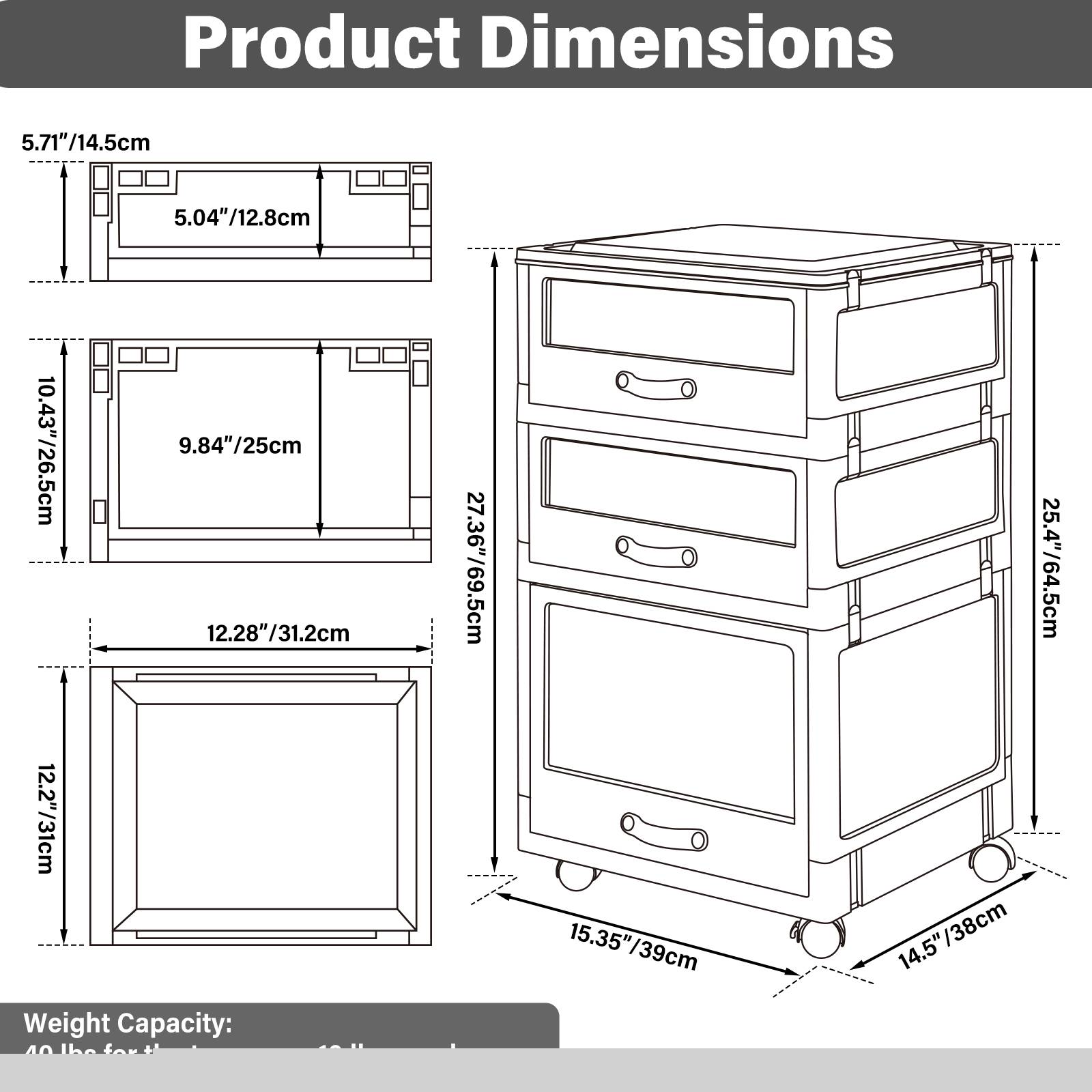 TOPSKY 3-Drawer Collapsible Plastic Mobile File Cabinet with Castors for Letter-Size File Folder for Home and Office