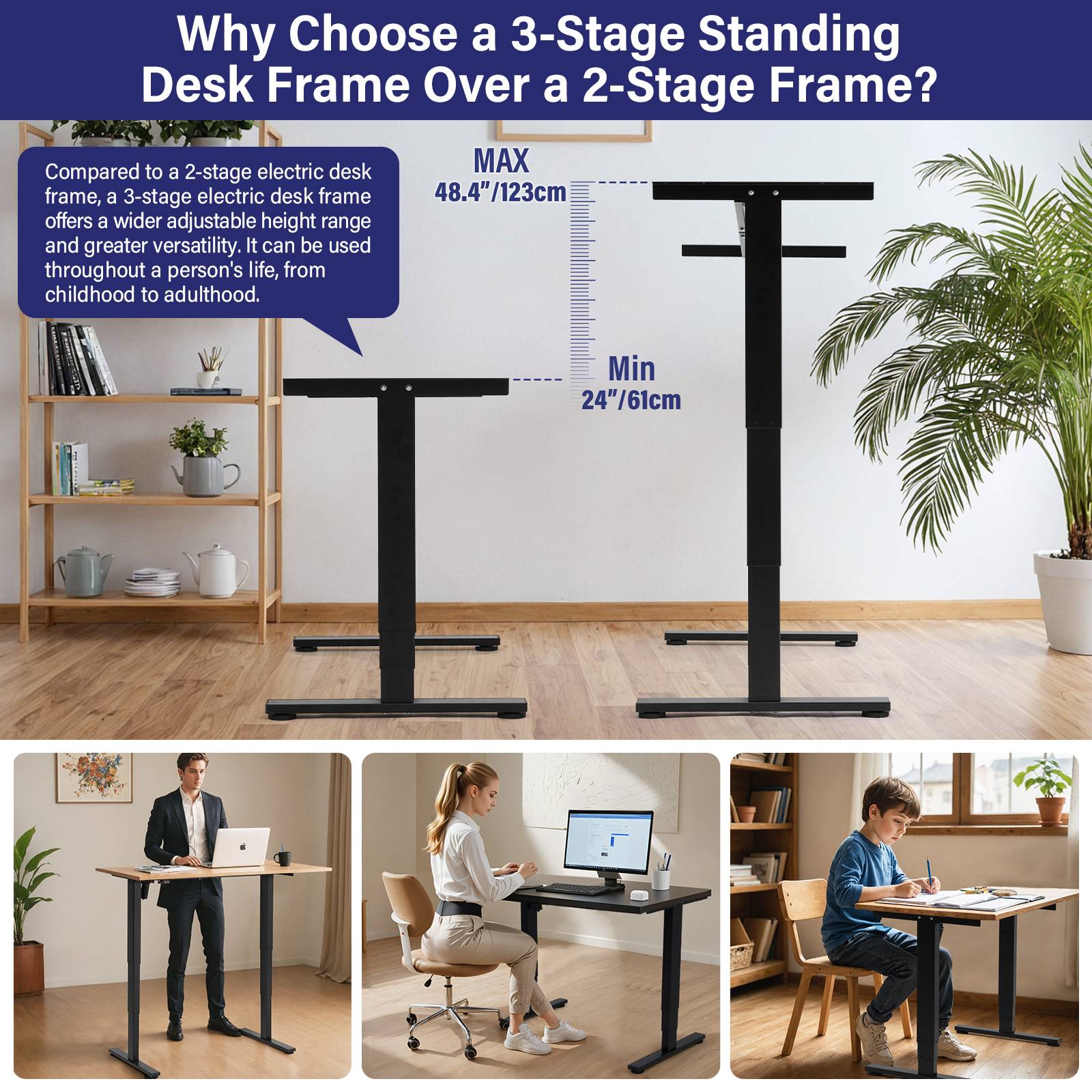 TOPSKY Single Motor 3 Stage Electric Adjustable Standing Computer Desk with Wider Adjustable Height Range for Home and Office DF01.11