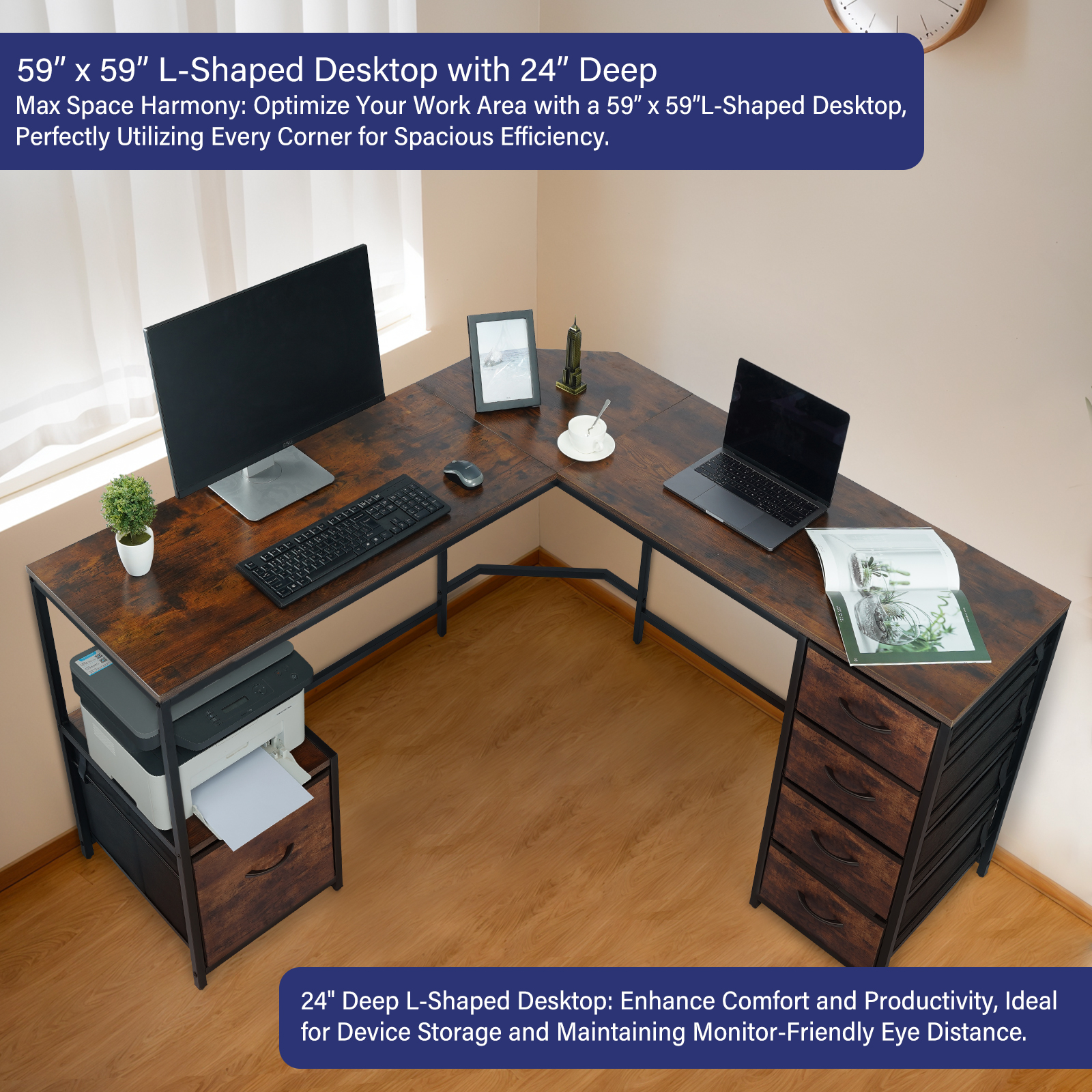TOPSKY L-Shaped Desk Corner Computer Desk with 18.9" Depth Workstation, Cloth File Cabinet for Letter Size File Folder and 4 Cloth Storage Cabinets CT-9028