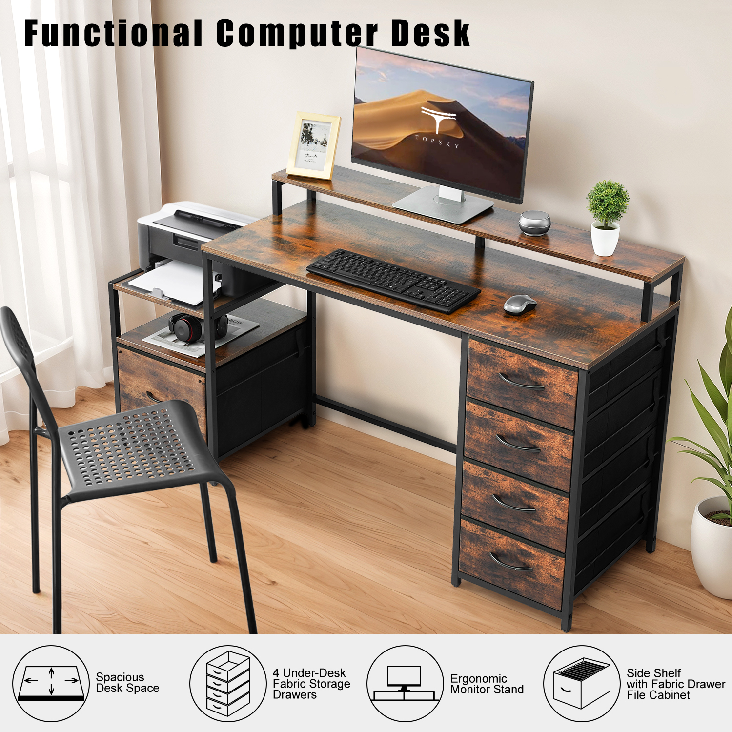 TOPSKY Compact Computer Desk with Storage Shelf/Cloth File Drawer for Letter Size/Monitor Stand Study Table for Home Office CT-8026