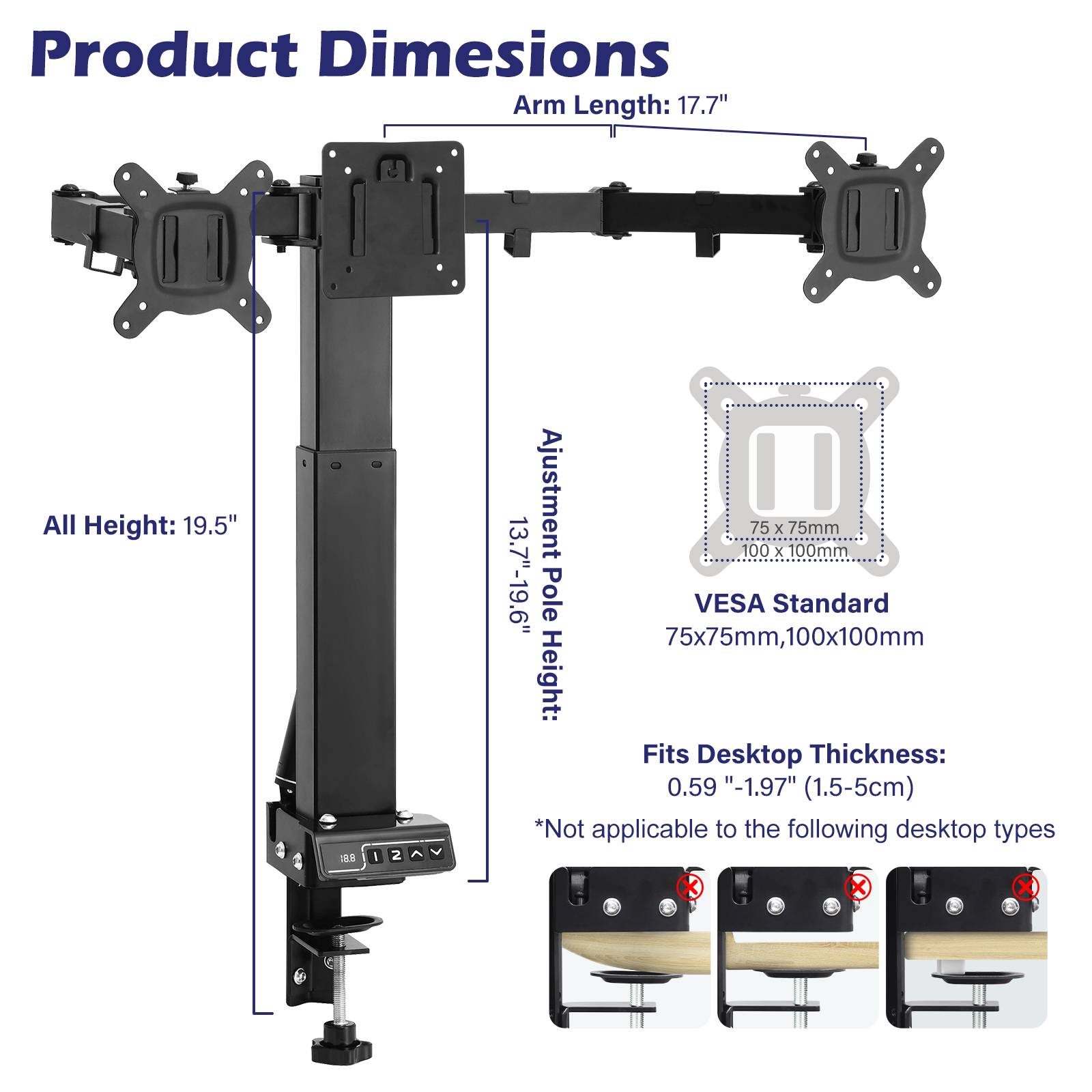 TOPSKY Adjustable Electric Monitor Desk Mount Fits Up to Dual 32 Inches 19.8lbs or Single 49 Inches 33lbs Computer Screens, Adjustable Swivel, Tilt, Rotate, VESA 75x75mm or 100x100mm MMT00.01