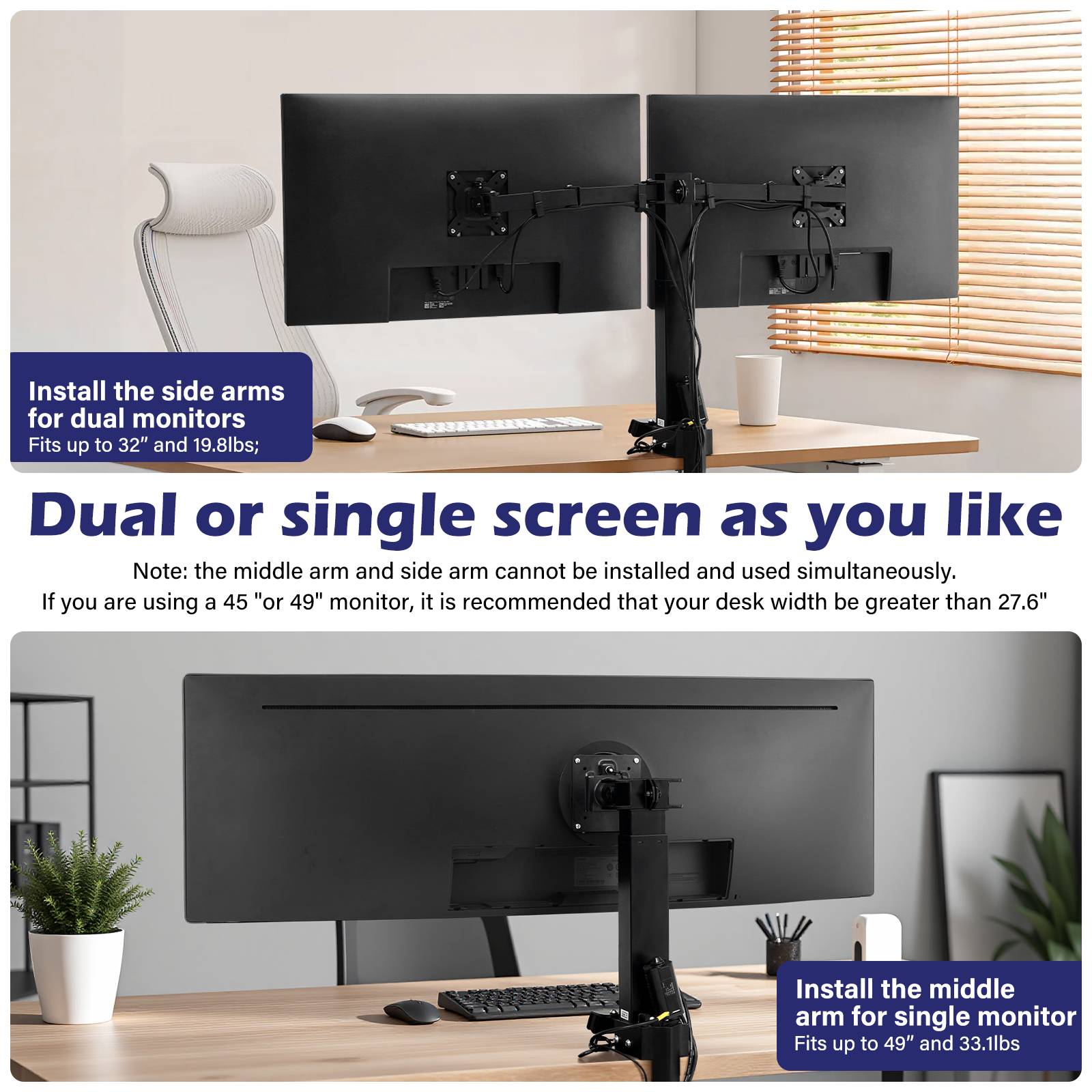 TOPSKY Adjustable Electric Monitor Desk Mount Fits Up to Dual 32 Inches 19.8lbs or Single 49 Inches 33lbs Computer Screens, Adjustable Swivel, Tilt, Rotate, VESA 75x75mm or 100x100mm MMT00.01