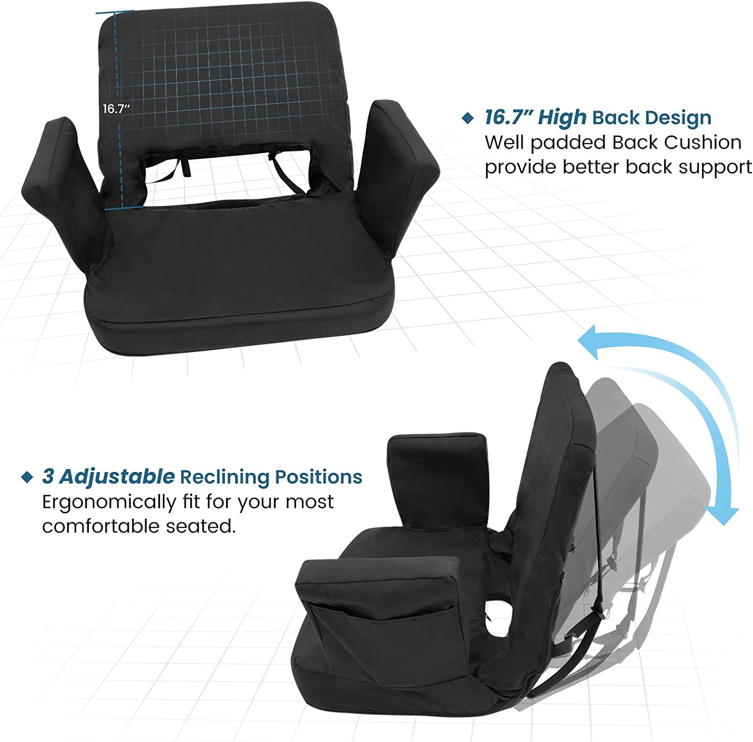 TOPSKY Stadium Seat with Back Support 3 Reclining Positions, Wide Bleacher Seats with 2 Hook Picnic Seat XY-CR-693-2pcs