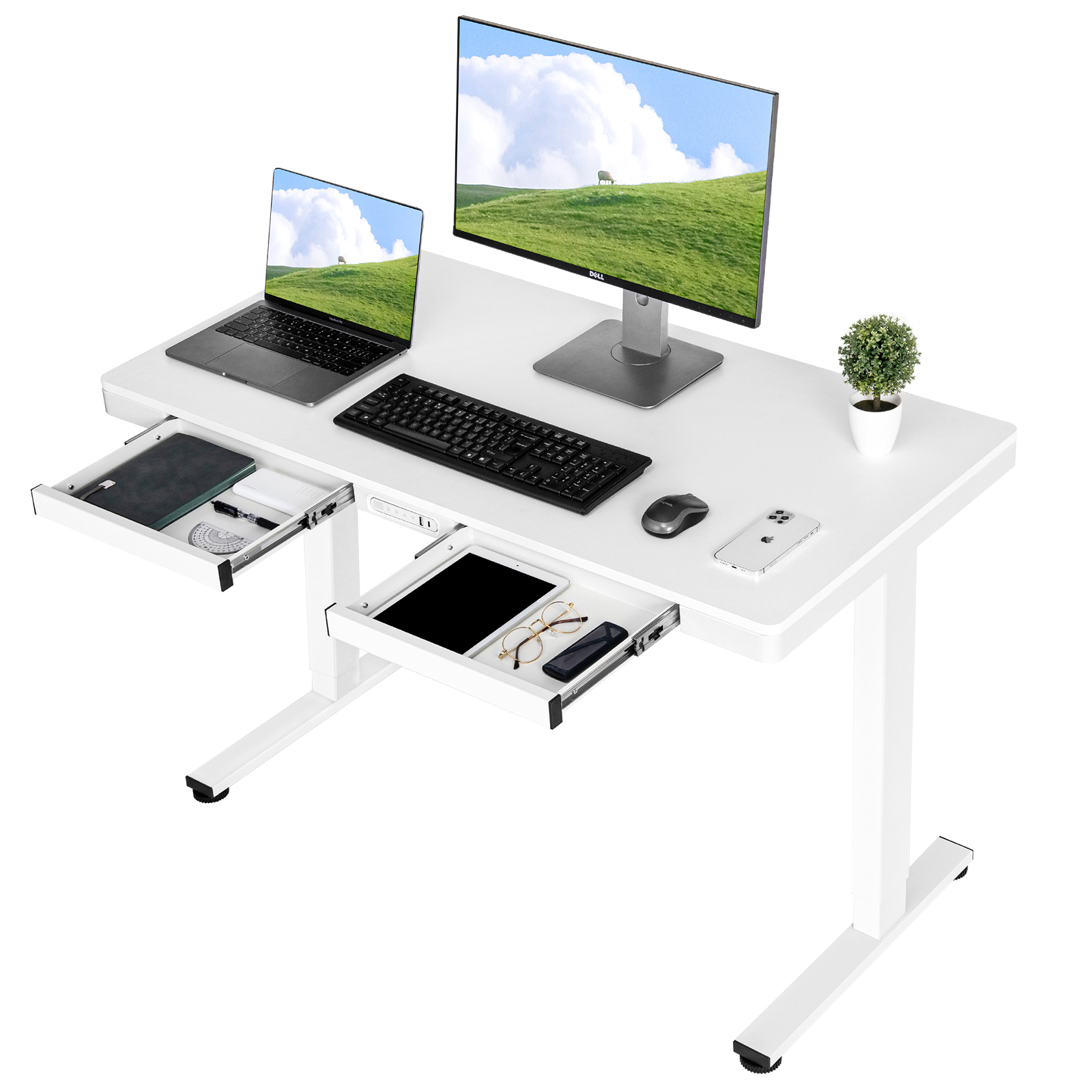 TOPSKY Electric Adjustable Standing Desk with Drawers and Charging USB Port, 47.2"x23.6" Whole-Piece Quick Install Computer Laptop Table for Home and Office DF07.01