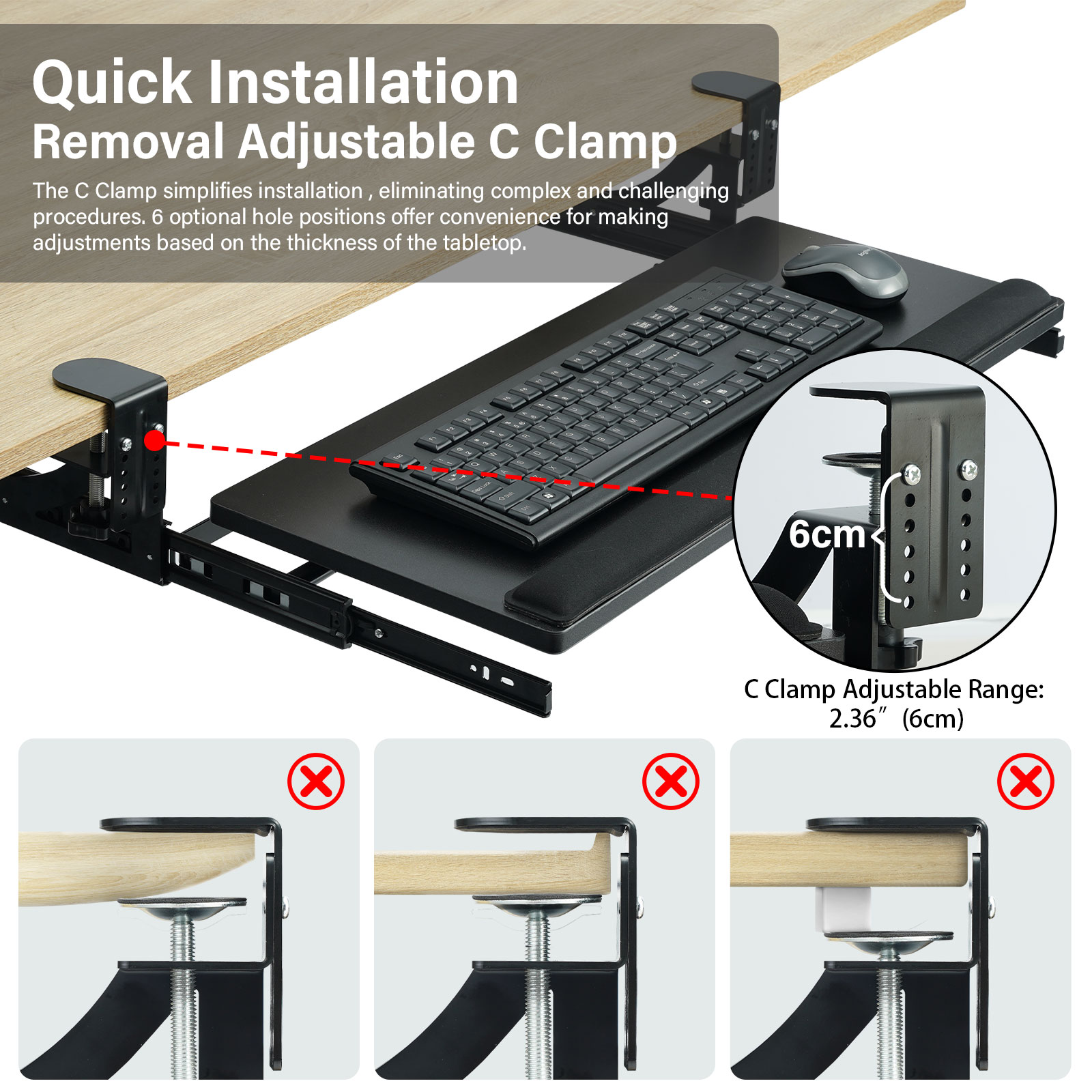 TOPSKY Adjustable Under-Desk Keyboard Tray, 26.8”x11” Pull Out Keyboard and Mouse Tray with Tilted Mechanism and C Clamp for Home and Office KB-001