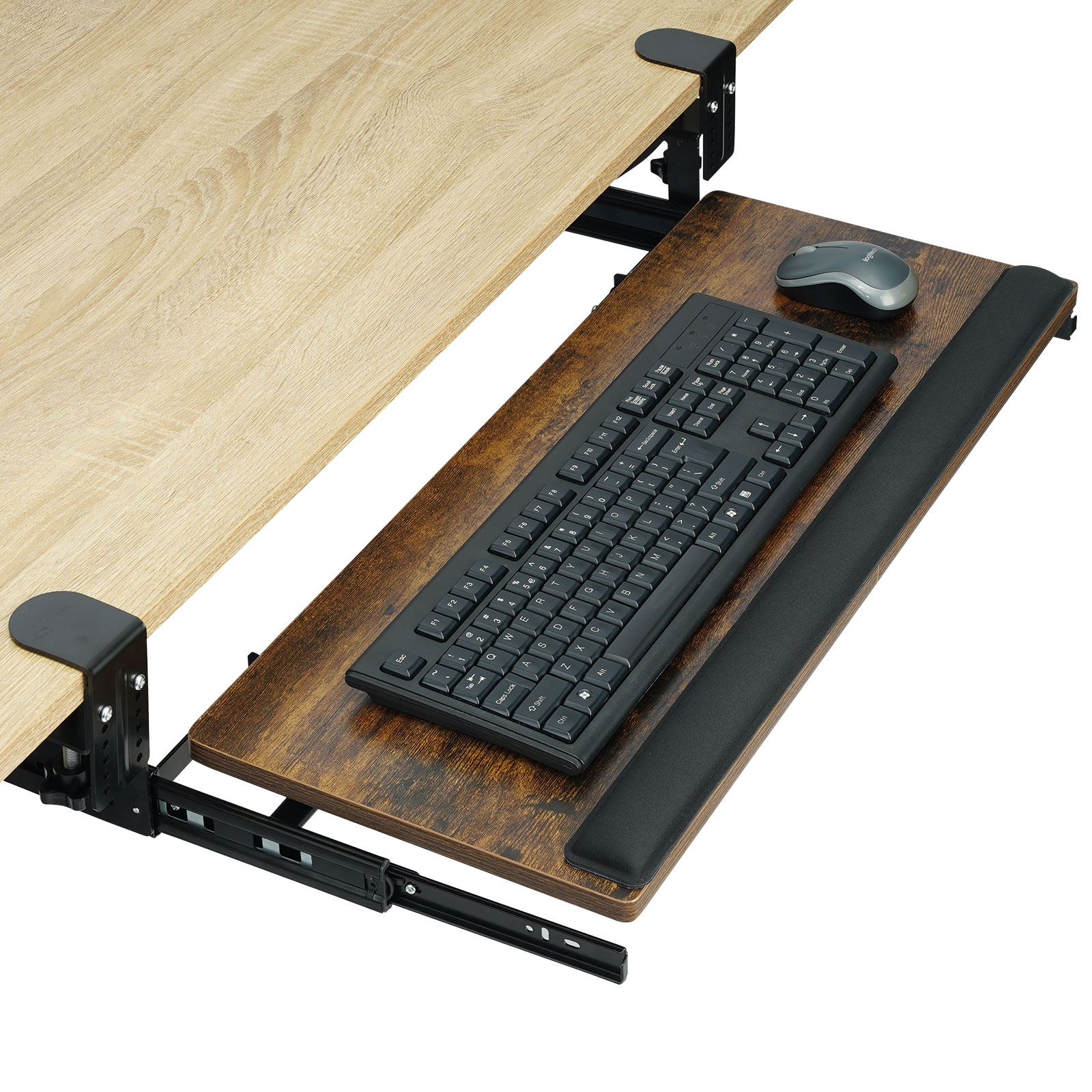 TOPSKY Adjustable Under-Desk Keyboard Tray, 26.8”x11” Pull Out Keyboard and Mouse Tray with Tilted Mechanism and C Clamp for Home and Office KB-001