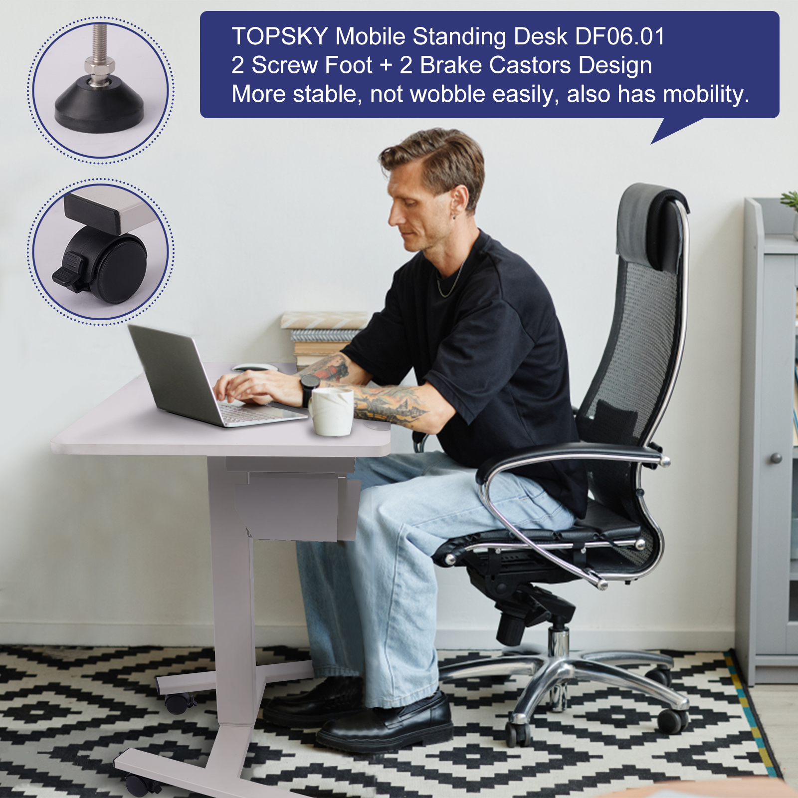 TOPSKY Electric Height Adjustable Standing Laptop Study Desk with Tilting Board and Wheels for Home Office Use DF06.01