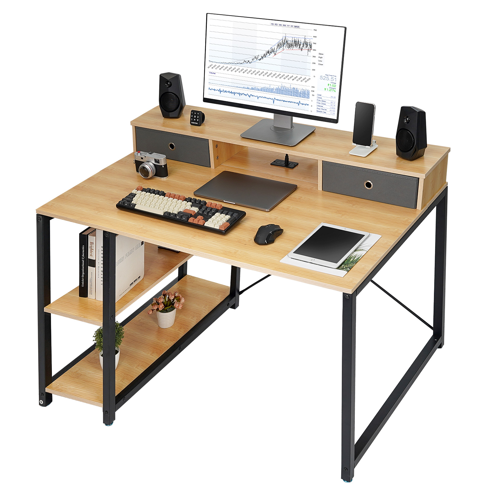 TOPSKY 47”x 31.5” Computer Desk with Drawers, Monitor Stand, Storage Shelf, 3-Port Charging Station CT-8028