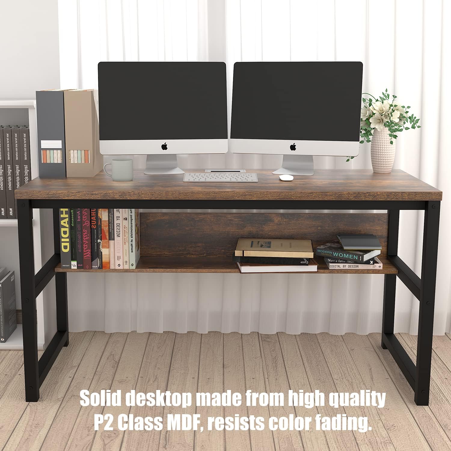 TOPSKY 55" Computer Desk with Bookshelf/Metal Hole Cable Cover 1.18" Thick Desk CT-8025