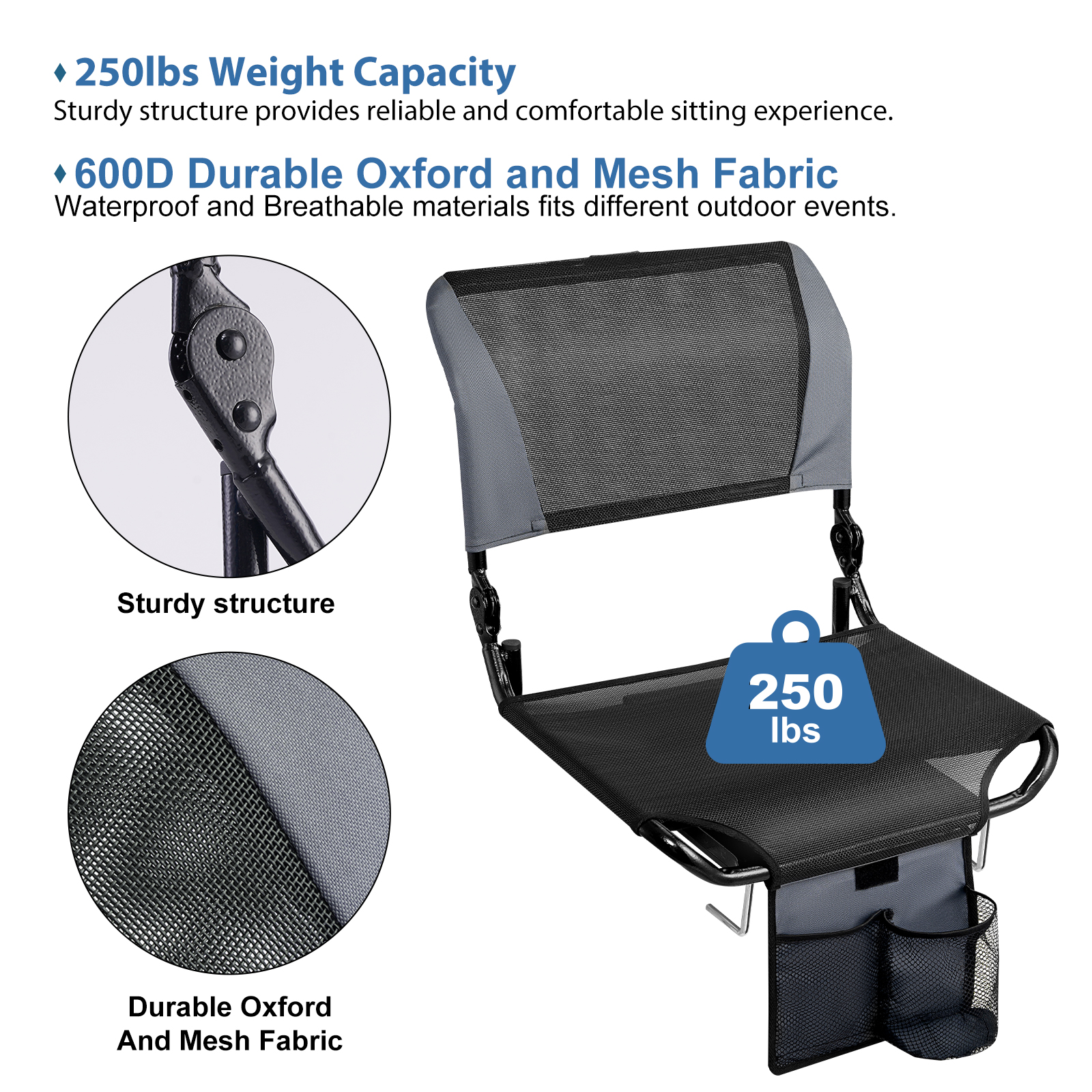 TOPSKY Mesh Stadium Seat Lightweight, Portable Folding Chair with 3 Reclining Positions, 2 Hooks and Storage Pockets for Bleachers and Benches XY-CR-713